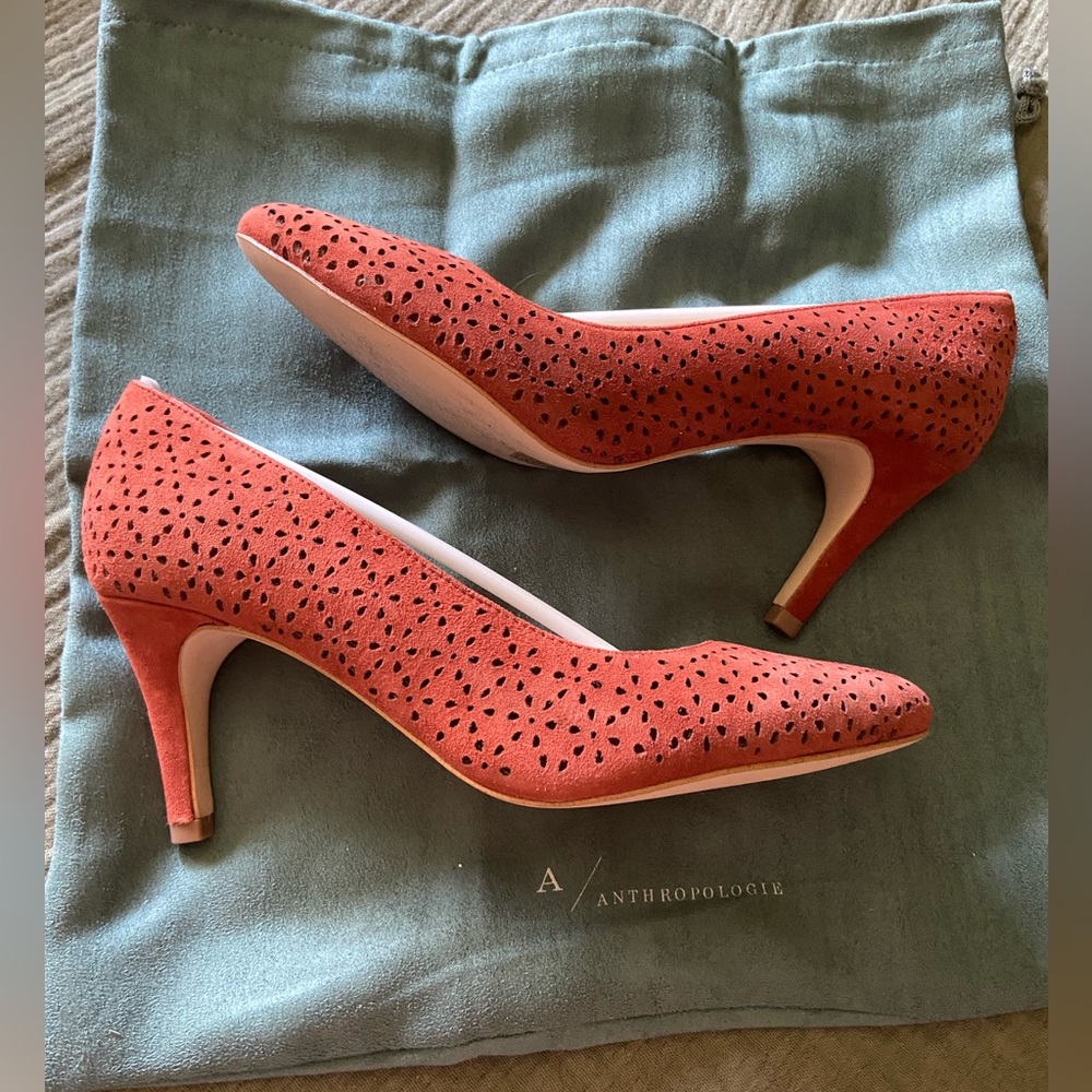 Anthropologie Red-Orange Perforated Suede Heels